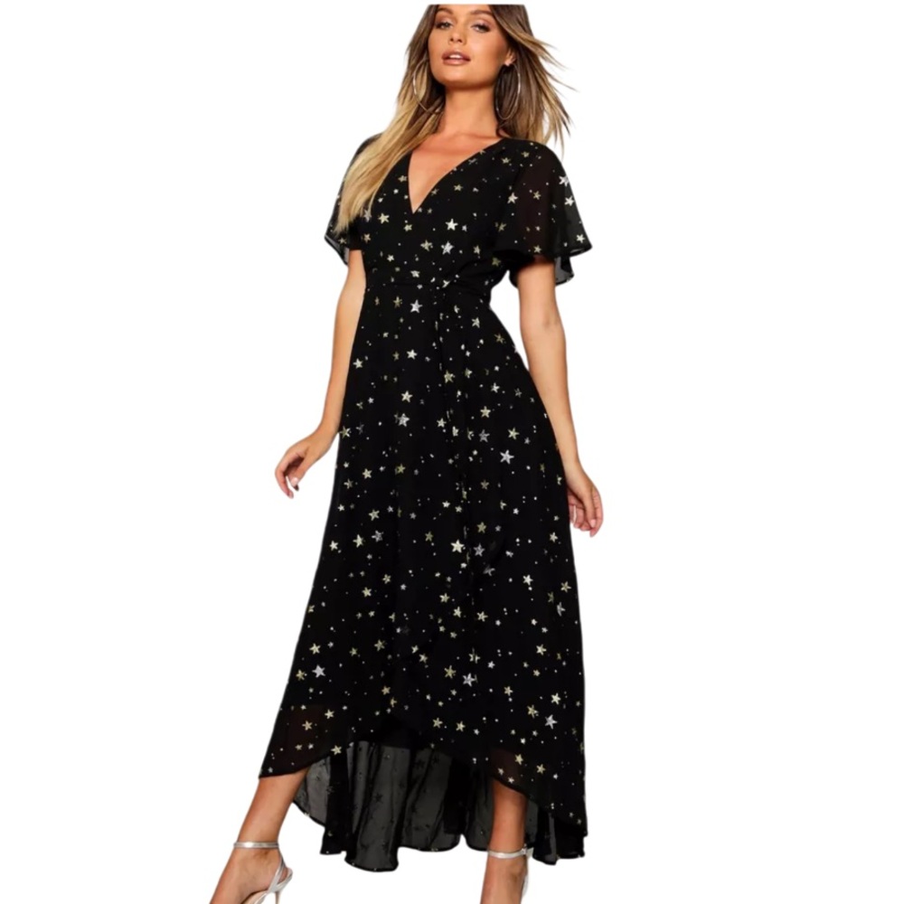 Boohoo Whimsigoth Bohemian Metallic Star Print Wrap Maxi Dress